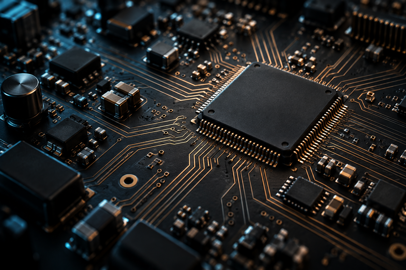 Conceptual close-up of a microcontroller and copper traces on a dark circuit board